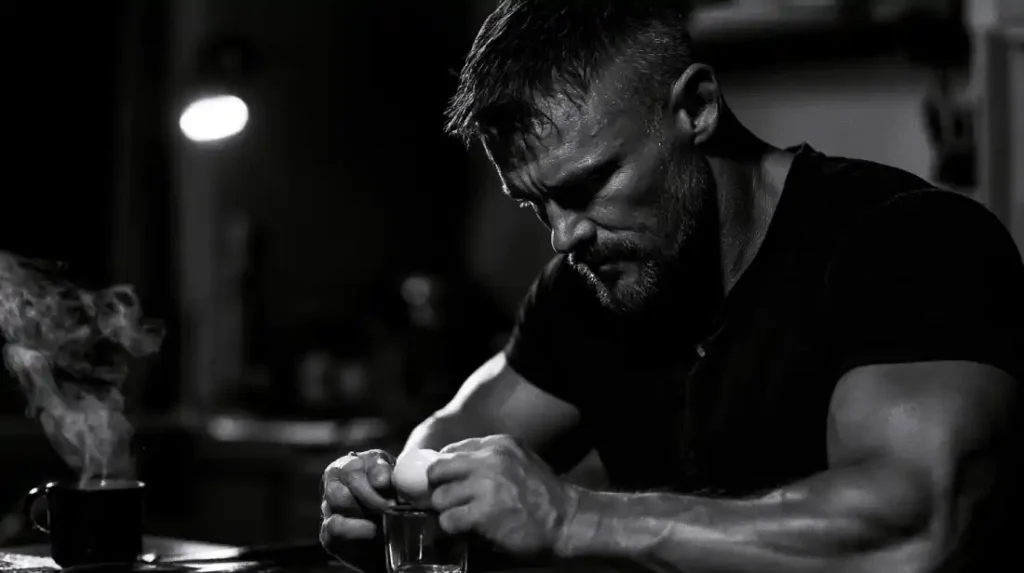 Man drinking a raw egg at dawn, old-school training discipline