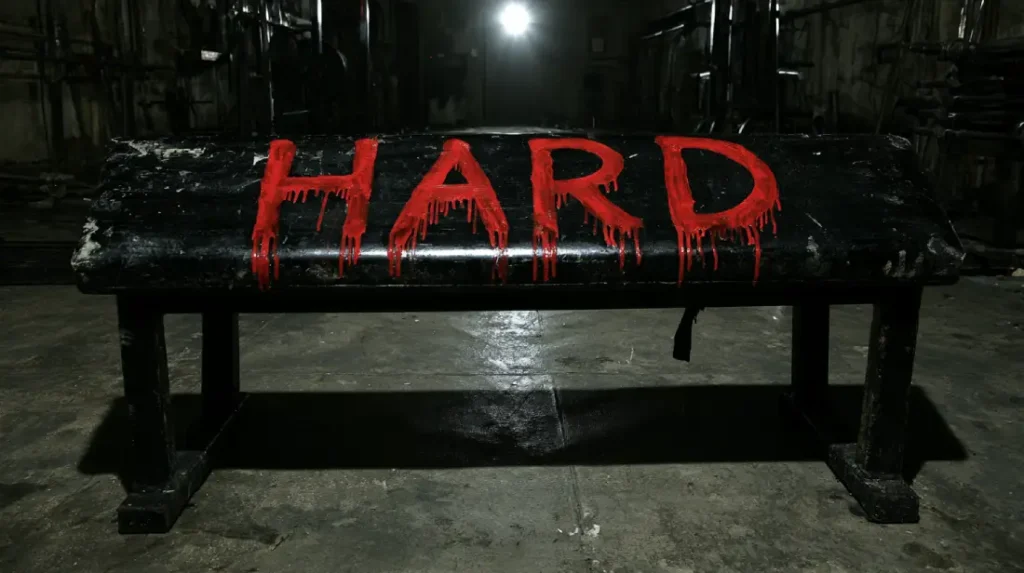eight bench with "HARD" painted on it, redefining effort in strength training