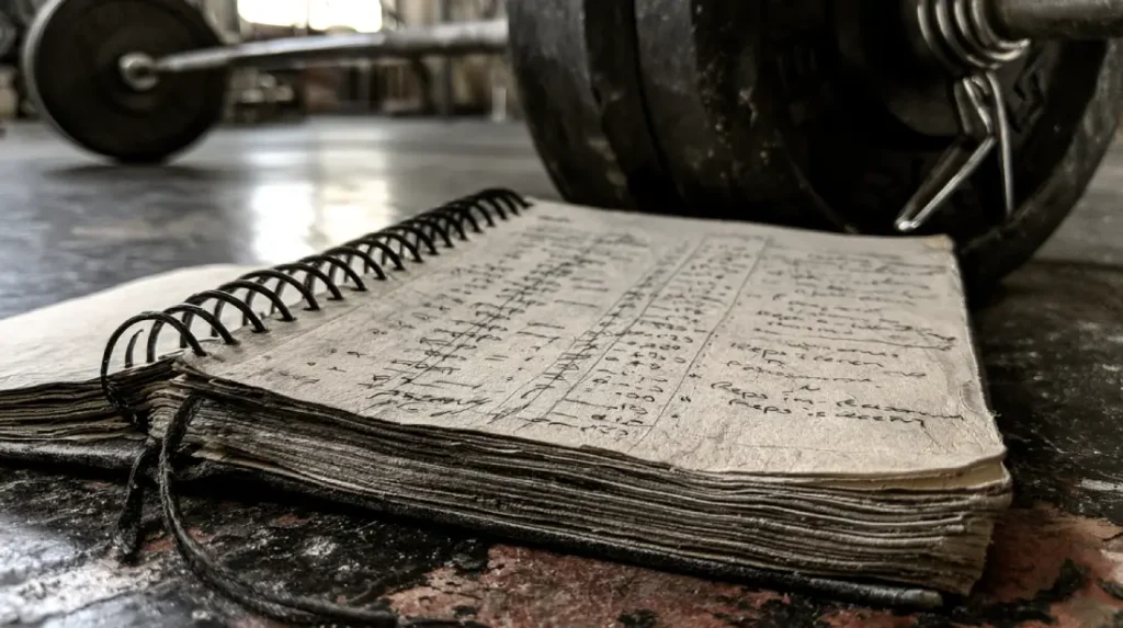 Handwritten training log tracking reps and weights to break a strength plateau