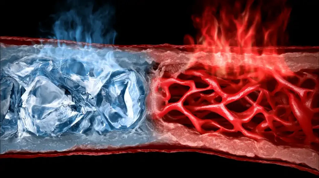 Diagram comparing vasoconstriction from ice therapy and vasodilation from heat therapy
