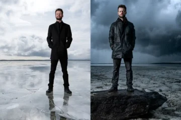 Split image contrasting delusion and resilience — a man on thin ice versus solid ground