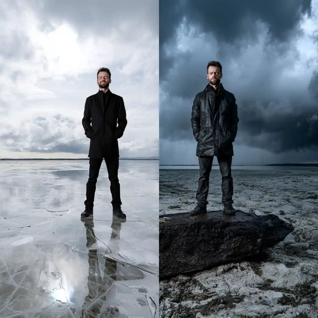 Split image contrasting delusion and resilience — a man on thin ice versus solid ground