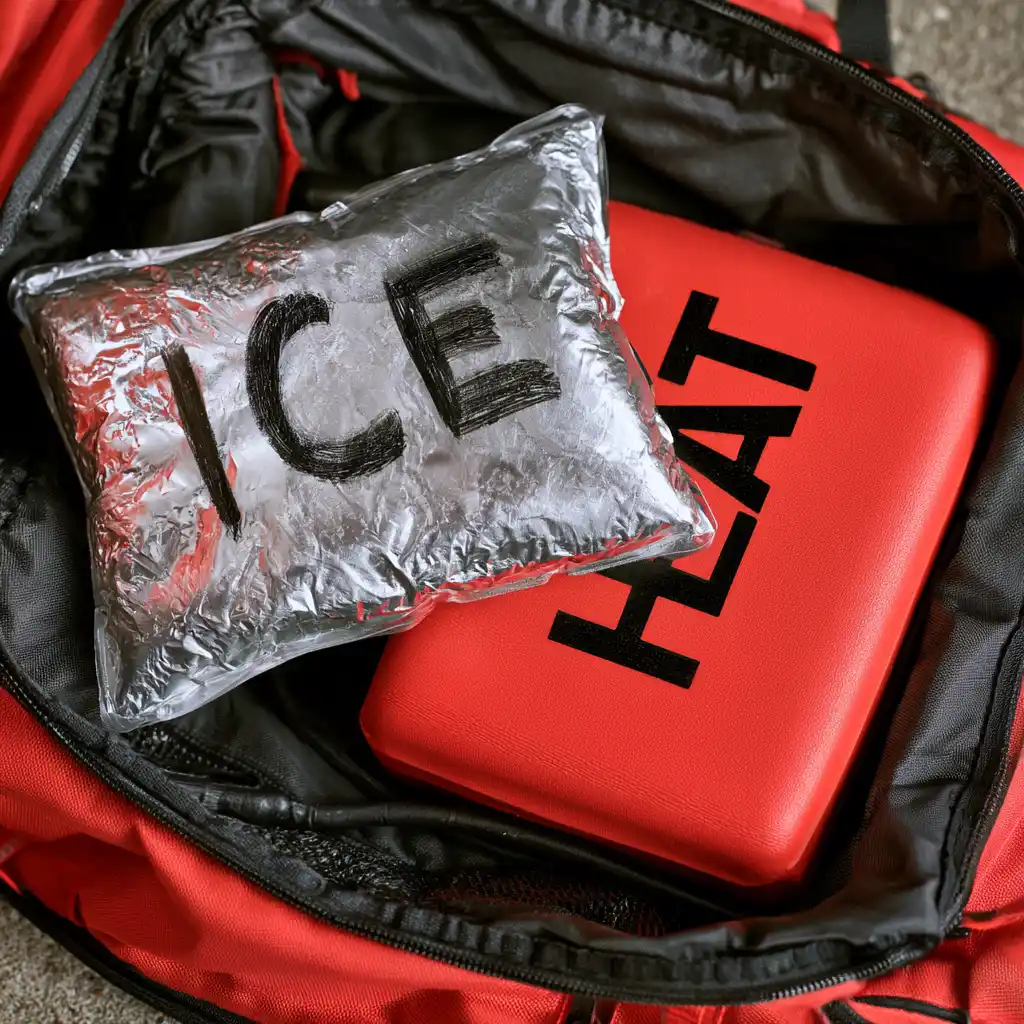 Ice pack and heating pad side by side in a gym bag, ice vs. heat for recovery
