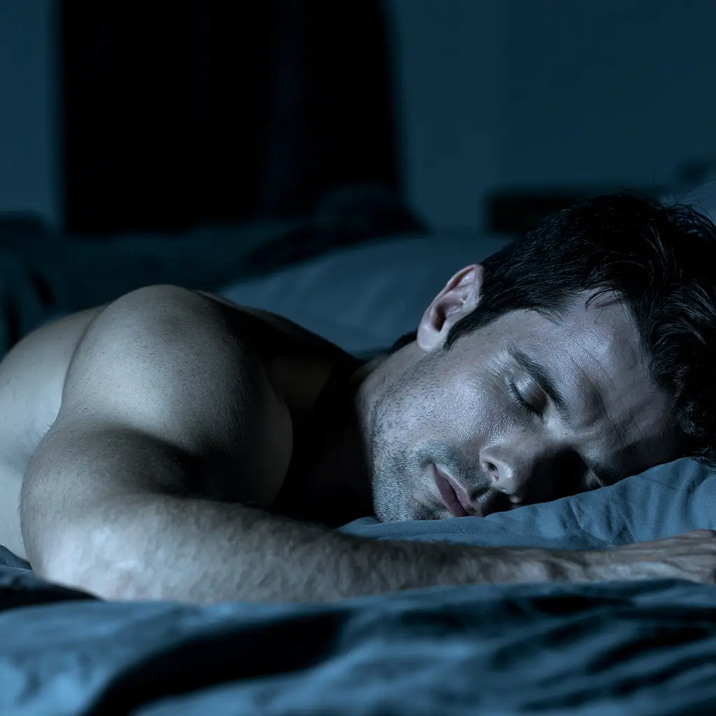 Man asleep during the deep sleep phase when muscle growth and testosterone release occur